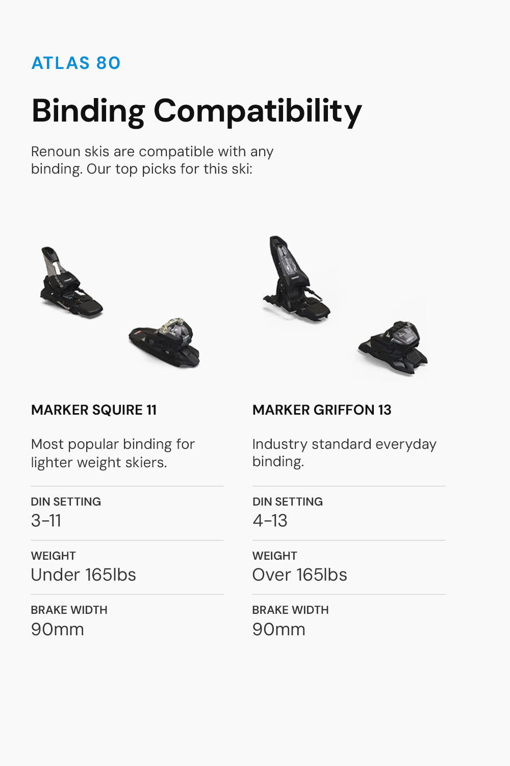 Binding recommendations for the Atlas 80 include the Marker Griffon 13 and Marker Squire 11.