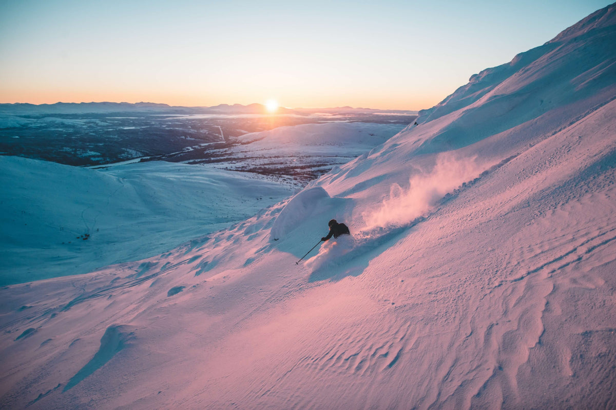 skier skiing through a powder field at sunrise while using Renoun skis